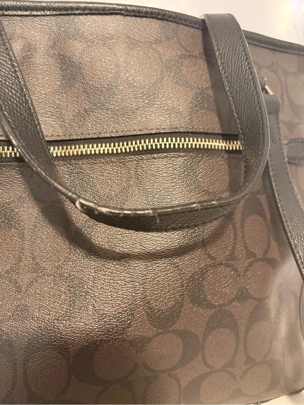 Coach Dark Brown Signature Canvas Tote with Black Trim